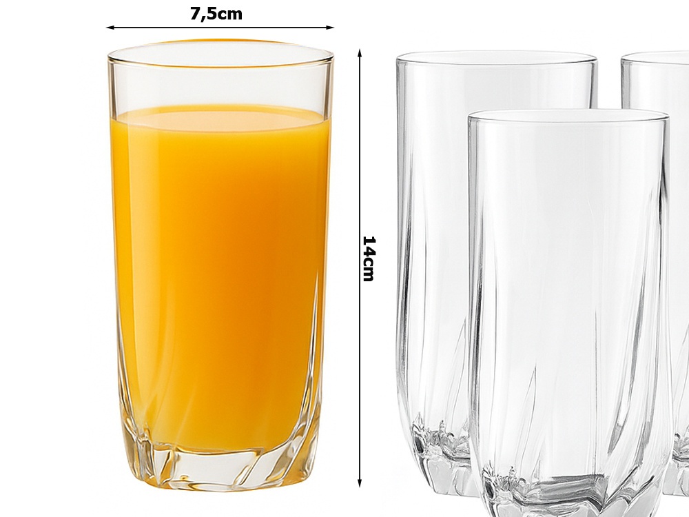 Set 6 pahare sticla pentru bauturi racoritoare KESNUP, volum 340 ml, inaltime 14 cm, diametru 7.5 cm, pentru apa, sucuri, limona, cocktal-uri, material rezistent la zgarieturi, Transparent