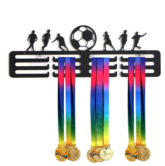 Suport pentru organizarea si expunerea medaliilor KESNUP, model 6 fotbalisti si minge de fotbal, cu 12 brate de expunere, montare pe perete, material otel, dimensiune 40 x 15 cm, Negru