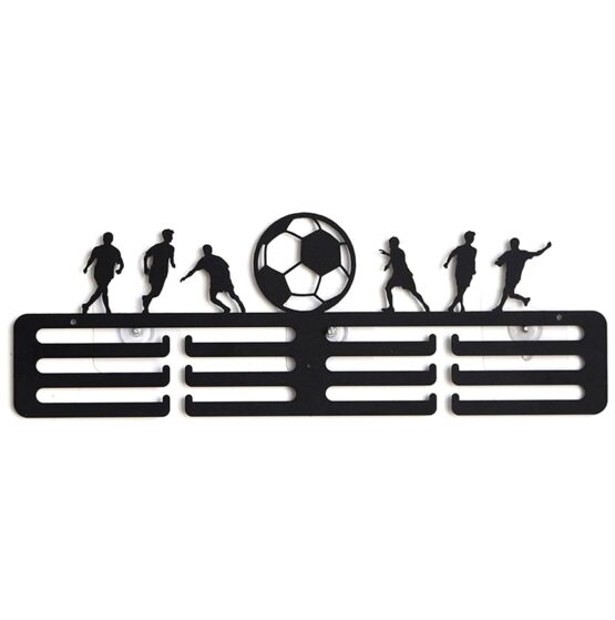Suport pentru organizarea si expunerea medaliilor KESNUP, model 6 fotbalisti si minge de fotbal, cu 12 brate de expunere, montare pe perete, material otel, dimensiune 40 x 15 cm, Negru