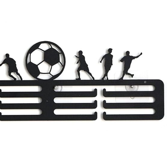 Suport pentru organizarea si expunerea medaliilor KESNUP, model 6 fotbalisti si minge de fotbal, cu 12 brate de expunere, montare pe perete, material otel, dimensiune 40 x 15 cm, Negru