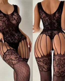 Lenjerie intimă erotica full-body KESNUP, dantelă elastica, marime universala, model cu top, ciorapi si jartiere integrate, pentru Valentine's Day, nu include bikinii, Negru