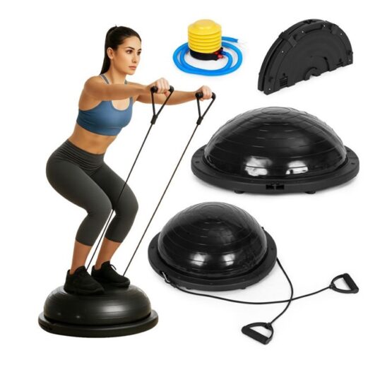 Minge de echilibru cu extensoare pentru fitness KESNUP, pentru exercitii gimnastica si recuparare medicala, sustine formarea echilibrului, dezoltarea coordonarii si musculaturii, dimensiuni minge 59.5 cm si extensoare 87 cm, baza antiderapanta, Negru
