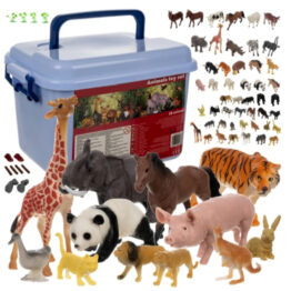 Set jucarii 48 figurine animale domestice si salbatice KESNUP, animale de la ferma, padure, safari, 14 elemente decorative, materiale sigure si durabile, dimensiuni set 28 x 20 x 18 cm, cutie de depozitare inclusa, Multicolor
