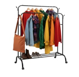 Cuier dublu pentru haine mobil cu 2 bare si roti 360° grade KESNUP, cu carlige laterale, roti pivotante cu mecanism de blocare, incarcare maxima 20 kg, dimensiuni 150 x 110 x 57 cm, cadru meralic, usor de asamblat, Negru 1 Cuier dublu pentru haine mobil cu 2 bare si roti 360° grade KESNUP, cu carlige laterale, roti pivotante cu mecanism de blocare, incarcare maxima 20 kg, dimensiuni 150 x 110 x 57 cm, cadru meralic, usor de asamblat, Negru