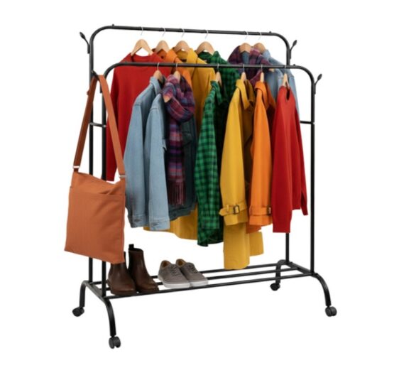 Cuier dublu pentru haine mobil cu 2 bare si roti 360° grade KESNUP, cu carlige laterale, roti pivotante cu mecanism de blocare, incarcare maxima 20 kg, dimensiuni 150 x 110 x 57 cm, cadru meralic, usor de asamblat, Negru 1 Cuier dublu pentru haine mobil cu 2 bare si roti 360° grade KESNUP, cu carlige laterale, roti pivotante cu mecanism de blocare, incarcare maxima 20 kg, dimensiuni 150 x 110 x 57 cm, cadru meralic, usor de asamblat, Negru