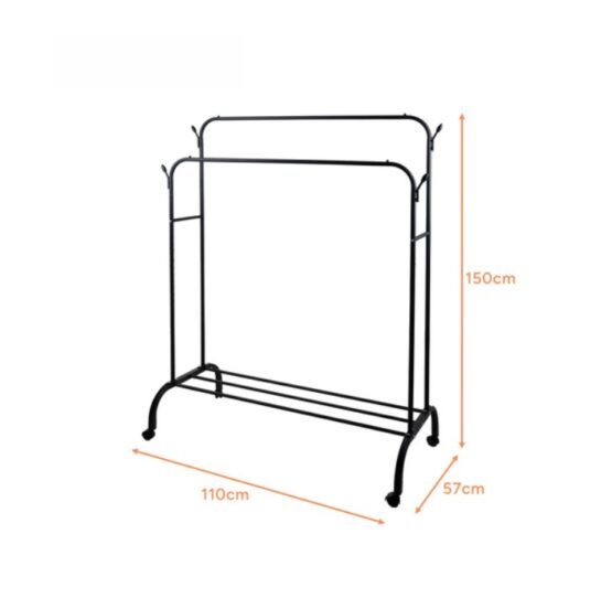 Cuier dublu pentru haine mobil cu 2 bare si roti 360° grade KESNUP, cu carlige laterale, roti pivotante cu mecanism de blocare, incarcare maxima 20 kg, dimensiuni 150 x 110 x 57 cm, cadru meralic, usor de asamblat, Negru 2 Cuier dublu pentru haine mobil cu 2 bare si roti 360° grade KESNUP, cu carlige laterale, roti pivotante cu mecanism de blocare, incarcare maxima 20 kg, dimensiuni 150 x 110 x 57 cm, cadru meralic, usor de asamblat, Negru