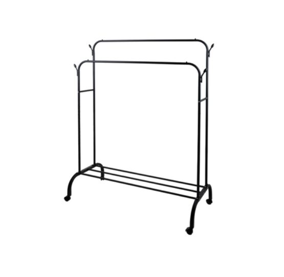 Cuier dublu pentru haine mobil cu 2 bare si roti 360° grade KESNUP, cu carlige laterale, roti pivotante cu mecanism de blocare, incarcare maxima 20 kg, dimensiuni 150 x 110 x 57 cm, cadru meralic, usor de asamblat, Negru 3 Cuier dublu pentru haine mobil cu 2 bare si roti 360° grade KESNUP, cu carlige laterale, roti pivotante cu mecanism de blocare, incarcare maxima 20 kg, dimensiuni 150 x 110 x 57 cm, cadru meralic, usor de asamblat, Negru
