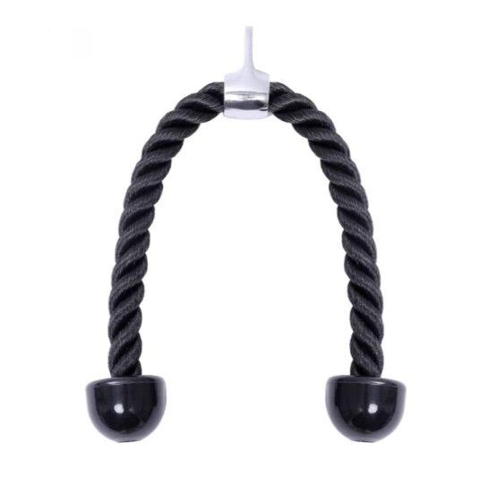 Sfoara tip frangie pentru antrenament triceps KESNUP, maner metalic pivotant, material nylon si cauciuc, lungime sfoara 60 cm, sarcina maxima 200 kg, Negru 1 Sfoara tip frangie pentru antrenament triceps KESNUP, maner metalic pivotant, material nylon si cauciuc, lungime sfoara 60 cm, sarcina maxima 200 kg, Negru