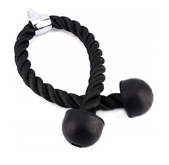 Sfoara tip frangie pentru antrenament triceps KESNUP, maner metalic pivotant, material nylon si cauciuc, lungime sfoara 60 cm, sarcina maxima 200 kg, Negru 2 Sfoara tip frangie pentru antrenament triceps KESNUP, maner metalic pivotant, material nylon si cauciuc, lungime sfoara 60 cm, sarcina maxima 200 kg, Negru