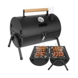 Gratar de gradina portabil cilindric dublu cu termometru pe carbuni KESNUP, ideal pentru curte, camping si pescuit, 2 gratare si 2 tavi carbune separate, cos fum pentru circulatie aer, maner transport, material metal, dimensiuni 41.5 x 36.5 x 28 cm, Negru 1 Gratar de gradina portabil cilindric dublu cu termometru pe carbuni KESNUP, ideal pentru curte, camping si pescuit, 2 gratare si 2 tavi carbune separate, cos fum pentru circulatie aer, maner transport, material metal, dimensiuni 41.5 x 36.5 x 28 cm, Negru