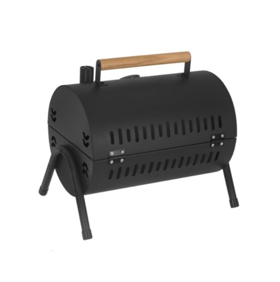 Gratar de gradina portabil cilindric dublu cu termometru pe carbuni KESNUP, ideal pentru curte, camping si pescuit, 2 gratare si 2 tavi carbune separate, cos fum pentru circulatie aer, maner transport, material metal, dimensiuni 41.5 x 36.5 x 28 cm, Negru