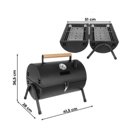 Gratar de gradina portabil cilindric dublu cu termometru pe carbuni KESNUP, ideal pentru curte, camping si pescuit, 2 gratare si 2 tavi carbune separate, cos fum pentru circulatie aer, maner transport, material metal, dimensiuni 41.5 x 36.5 x 28 cm, Negru