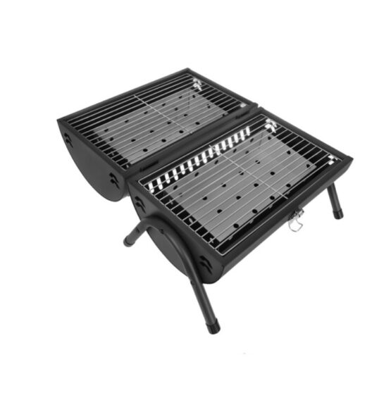 Gratar de gradina portabil cilindric dublu cu termometru pe carbuni KESNUP, ideal pentru curte, camping si pescuit, 2 gratare si 2 tavi carbune separate, cos fum pentru circulatie aer, maner transport, material metal, dimensiuni 41.5 x 36.5 x 28 cm, Negru