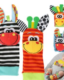 Set 2 sosete si 2 bratari zornaitoare interactive pentru bebelusi KESNUP, materiale sigure pentru dentitie si masticatie, pentru dezvoltarea abilitatilor motrice, coordonarii sau atentiei, model zebra, girafa, material textil, Multicolor