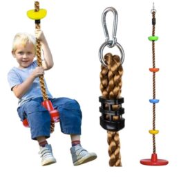 Leagan pentru copii 2 in 1 tip franghie cu discuri pentru catarare KESNUP, baza rotunda diametru 30 cm, discuri catarat multicolor diametru 10 cm, dezvolta echilibrul, coordonarea, materiale rezistente, lungime sfoara 210 cm, greutate maxima 100 kg, Rosu