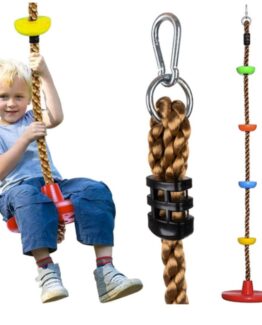 Leagan pentru copii 2 in 1 tip franghie cu discuri pentru catarare KESNUP, baza rotunda diametru 30 cm, discuri catarat multicolor diametru 10 cm, dezvolta echilibrul, coordonarea, materiale rezistente, lungime sfoara 210 cm, greutate maxima 100 kg, Rosu