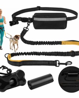 Centura de talie pentru alergare, plimbari si antrenament cu lesa ajustabila pana la 2 m integrata KESNUP, pentru caini de pana la 50 kg, cutie 15 saci excremente, sistem hands-free, reglabila cu elemente reflectorizante, borseta detasabila, Negru