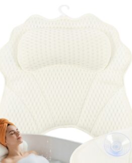 Perna relaxanta pentru cada cu prindere antialunecare in 6 ventuze KESNUP, suport pentru gat tip tetiera, design ergonomic, uscare usoara, lavabila, carlig prindere, dimensiuni 43 x 40 cm, material polyester, Alb