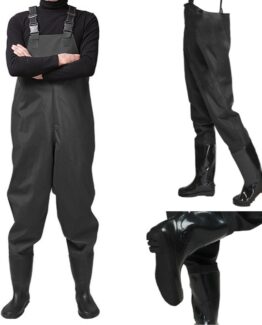 Salopeta cu pieptar si cizme de pescuit cu bretele ajustabile KESNUP, marime 43, cu talpa antiderapanta, material PVC impermeabil, lungime 130 cm, latime 60 cm, greutate 2 kg, include kit de reparare, Negru