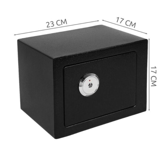 Seif metalic cu cheie de siguranta KESNUP, include set 3 chei, protectie impotriva furtului, accesului neautorizat, dimensiune 23 x 17 x17 cm, grosime usa 3.5 cm si perete 2 mm, material otel inoxidabil, include elemente fixare perete si dulap, Negru