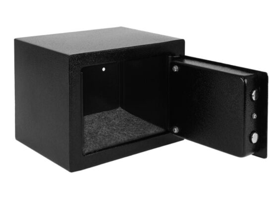 Seif metalic cu cheie de siguranta KESNUP, include set 3 chei, protectie impotriva furtului, accesului neautorizat, dimensiune 23 x 17 x17 cm, grosime usa 3.5 cm si perete 2 mm, material otel inoxidabil, include elemente fixare perete si dulap, Negru