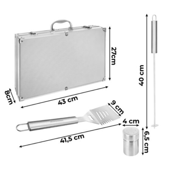 Set 26 ustensile pentru gratar KESNUP, accesorii pentru grill din otel inoxidabil premium, include perii, clesti, cutite, spatula, frigarui, suporti porumb, furculite, solnite, geanta transport din aluminiu captusita, dimensiuni 43 x 27 x 8 cm, Argintiu 2 Set 26 ustensile pentru gratar KESNUP, accesorii pentru grill din otel inoxidabil premium, include perii, clesti, cutite, spatula, frigarui, suporti porumb, furculite, solnite, geanta transport din aluminiu captusita, dimensiuni 43 x 27 x 8 cm, Argintiu