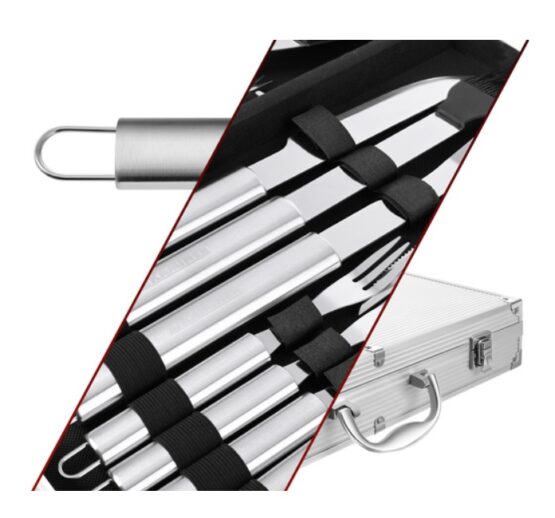 Set 26 ustensile pentru gratar KESNUP, accesorii pentru grill din otel inoxidabil premium, include perii, clesti, cutite, spatula, frigarui, suporti porumb, furculite, solnite, geanta transport din aluminiu captusita, dimensiuni 43 x 27 x 8 cm, Argintiu 5 Set 26 ustensile pentru gratar KESNUP, accesorii pentru grill din otel inoxidabil premium, include perii, clesti, cutite, spatula, frigarui, suporti porumb, furculite, solnite, geanta transport din aluminiu captusita, dimensiuni 43 x 27 x 8 cm, Argintiu
