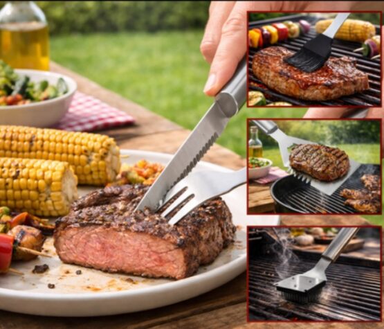 Set 26 ustensile pentru gratar KESNUP, accesorii pentru grill din otel inoxidabil premium, include perii, clesti, cutite, spatula, frigarui, suporti porumb, furculite, solnite, geanta transport din aluminiu captusita, dimensiuni 43 x 27 x 8 cm, Argintiu 6 Set 26 ustensile pentru gratar KESNUP, accesorii pentru grill din otel inoxidabil premium, include perii, clesti, cutite, spatula, frigarui, suporti porumb, furculite, solnite, geanta transport din aluminiu captusita, dimensiuni 43 x 27 x 8 cm, Argintiu