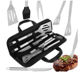 Set 5 ustensile pentru gratar KESNUP, accesorii pentru grill din otel inoxidabil premium, include cleste, spatula, furculita, cutit si pensula, geanta transport rezistenta cu manere, dimensiuni 38.5 x 11.5 x 5 cm, Negru 1 Set 5 ustensile pentru gratar KESNUP, accesorii pentru grill din otel inoxidabil premium, include cleste, spatula, furculita, cutit si pensula, geanta transport rezistenta cu manere, dimensiuni 38.5 x 11.5 x 5 cm, Negru
