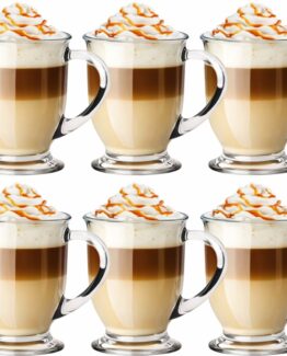 Set 6 pahare sticla cu maner pentru apa, cafea, frappe, cafe latte, ice-coffee, ceai KESNUP, capacitate 450 ml, pentru bauturi calde si reci, forma clasica usor evazata in partea superioara, baza stabila, material rezistent la zgarieturi, Transparent