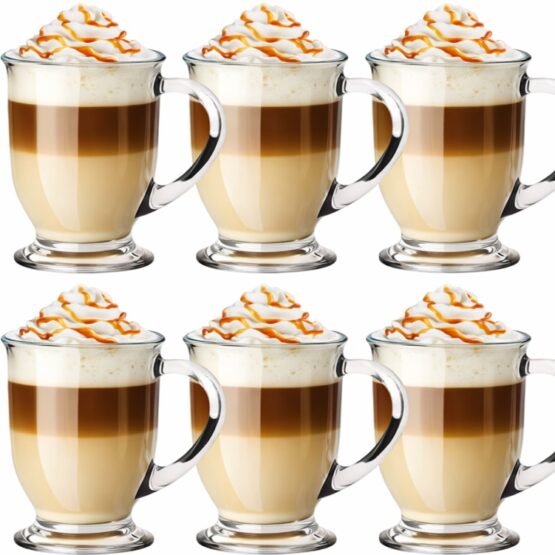 Set 6 pahare sticla cu maner pentru apa, cafea, frappe, cafe latte, ice-coffee, ceai KESNUP, capacitate 450 ml, pentru bauturi calde si reci, forma clasica usor evazata in partea superioara, baza stabila, material rezistent la zgarieturi, Transparent 1 Set 6 pahare sticla cu maner pentru apa, cafea, frappe, cafe latte, ice-coffee, ceai KESNUP, capacitate 450 ml, pentru bauturi calde si reci, forma clasica usor evazata in partea superioara, baza stabila, material rezistent la zgarieturi, Transparent
