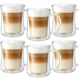 Set 6 pahare sticla termorezistenta cu perete dublu si maner KESNUP, capacitate 400 ml, ideale pentru cafea, cappuccino, frappe, cafe latte, ice-coffee, ceai, pentru bauturi calde si reci, material sticla borosilicata, Transparent