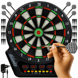Tinta darts electronica cu sageti si 4 afisaje LED KESNUP, pentru 1-16 jucatori, 6 sageti cu tije aluminiu, 24 varfuri rezerva, control volum pe 8 niveluri, 27 moduri de joc (243 combinatii), dimensiune 51.5 x 43 cm, alimentare curent sau baterii, Negru 1 Tinta darts electronica cu sageti si 4 afisaje LED KESNUP, pentru 1-16 jucatori, 6 sageti cu tije aluminiu, 24 varfuri rezerva, control volum pe 8 niveluri, 27 moduri de joc (243 combinatii), dimensiune 51.5 x 43 cm, alimentare curent sau baterii, Negru