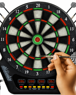 Tinta darts electronica cu sageti si 4 afisaje LED KESNUP, pentru 1-16 jucatori, 6 sageti cu tije aluminiu, 24 varfuri rezerva, control volum pe 8 niveluri, 27 moduri de joc (243 combinatii), dimensiune 51.5 x 43 cm, alimentare curent sau baterii, Negru