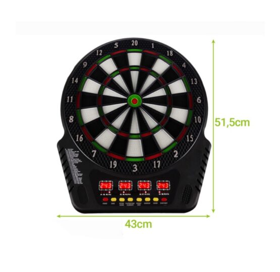 Tinta darts electronica cu sageti si 4 afisaje LED KESNUP, pentru 1-16 jucatori, 6 sageti cu tije aluminiu, 24 varfuri rezerva, control volum pe 8 niveluri, 27 moduri de joc (243 combinatii), dimensiune 51.5 x 43 cm, alimentare curent sau baterii, Negru