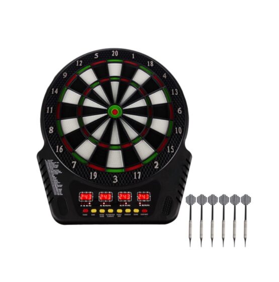 Tinta darts electronica cu sageti si 4 afisaje LED KESNUP, pentru 1-16 jucatori, 6 sageti cu tije aluminiu, 24 varfuri rezerva, control volum pe 8 niveluri, 27 moduri de joc (243 combinatii), dimensiune 51.5 x 43 cm, alimentare curent sau baterii, Negru