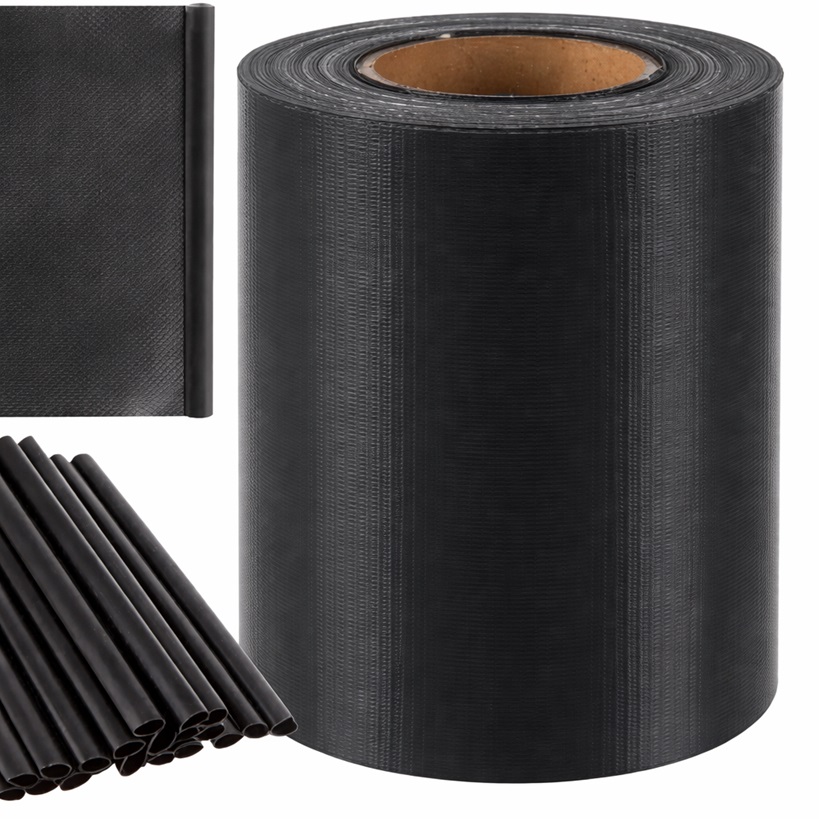 Banda de gard cu dimensiune 19 cm x 35 m si 20 de clipsuri KESNUP, densitate 450/m2, ideala pentru acoperirea gardurilor, balustradelor de pe balcon si terase, zonelor de recoltare a gunoaielor si deseurilor, rezistenta la radiatia solara UV, Gri inchis