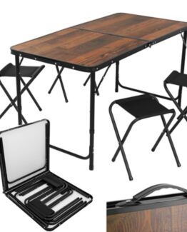 Set masa pliabila cu 4 scaune cu maner transport tip geanta KESNUP, ideal pentru camping, pescuit, gradina, iarba verde, inaltime ajustabila, picioare antiderapante, mecanism anti-pliere, dimensiuni masa 120 x 55-60-70 x 60, scaun 36 x 33.5, Maro / Negru