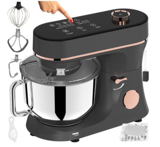 Robot de bucatarie tip mixer profesional cu bol inox de 5.7L si putere 2000W KESNUP, display LCD touchscreen, 11 trepte viteza, mod de incalzire si comenzi intuitive, ideal pentru amestecare, batere, rulare, fermentare, accesorii incluse, Rose Gold