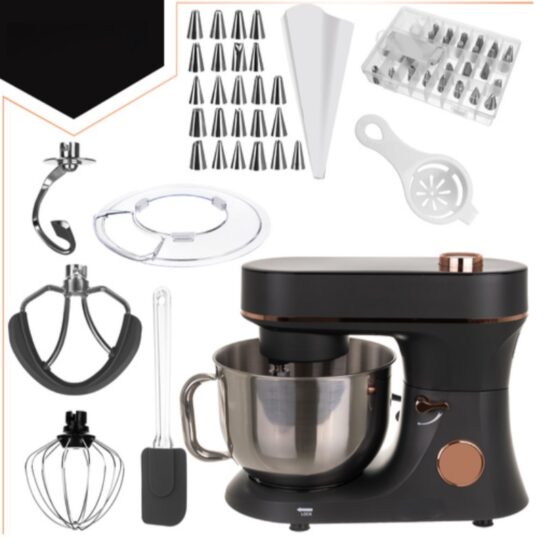 Robot de bucatarie tip mixer profesional cu bol inox de 5.7L si putere 2000W KESNUP, display LCD touchscreen, 11 trepte viteza, mod de incalzire si comenzi intuitive, ideal pentru amestecare, batere, rulare, fermentare, accesorii incluse, Rose Gold