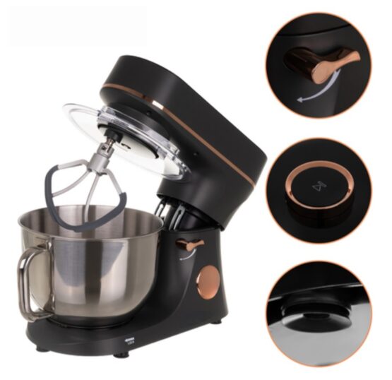 Robot de bucatarie tip mixer profesional cu bol inox de 5.7L si putere 2000W KESNUP, display LCD touchscreen, 11 trepte viteza, mod de incalzire si comenzi intuitive, ideal pentru amestecare, batere, rulare, fermentare, accesorii incluse, Rose Gold