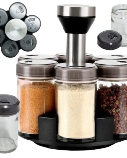 Organizator condimente cu 6 recipiente rotativ KESNUP, suport 360° grade, capace cu incuietoare, acces rapid, material sticla si plastic, dimensiuni organizator 16.5 x 16 cm, recipient 9.5 x 5 cm, Transparent