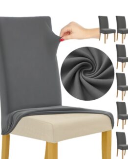 Set 6 huse protectie scaun KESNUP, marime universala, pentru scaune de bucatarie, birou, casa, restaurant, evenimente, material polyester si spandex catifelat, lavabile, banda elastica pentru fixare si antialunecare, 65 x 40 x 35 cm, Gri Inchis