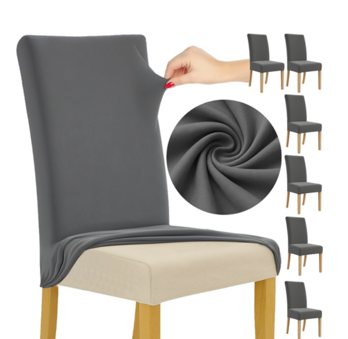 Set 6 huse protectie scaun KESNUP, marime universala, pentru scaune de bucatarie, birou, casa, restaurant, evenimente, material polyester si spandex catifelat, lavabile, banda elastica pentru fixare si antialunecare, 65 x 40 x 35 cm, Gri Inchis