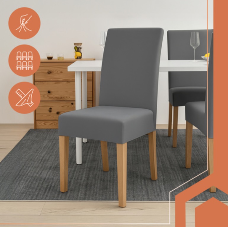 Set 6 huse protectie scaun KESNUP, marime universala, pentru scaune de bucatarie, birou, casa, restaurant, evenimente, material polyester si spandex catifelat, lavabile, banda elastica pentru fixare si antialunecare, 65 x 40 x 35 cm, Gri Inchis