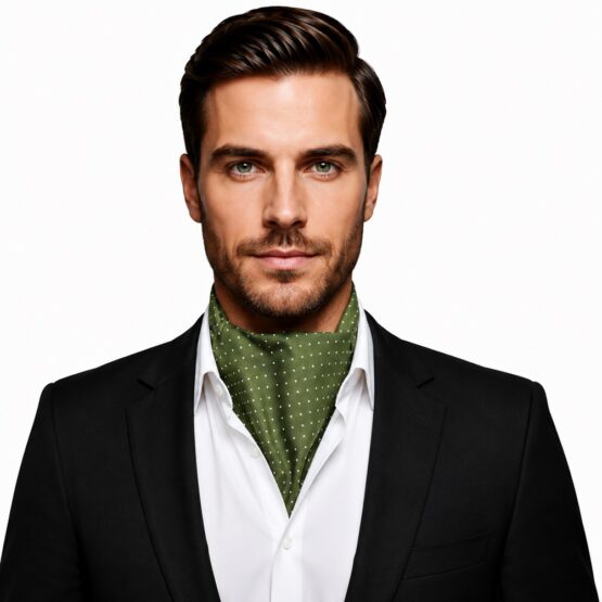 Esarfa ascot eleganta, stil elegant british gentleman, de ocazie, model picatele, Alb / Verde Kaki