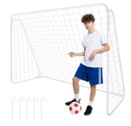 Poarta de fotbal metalica cu plasa de gradina pentru antrenament KESNUP, dimensiuni 213 x 150 x 90 cm, material cadru: fier, plasa: poliester, include kit montaj, rezistenta la intemperii, usor de asamblat, greutate 7 kg, Alb