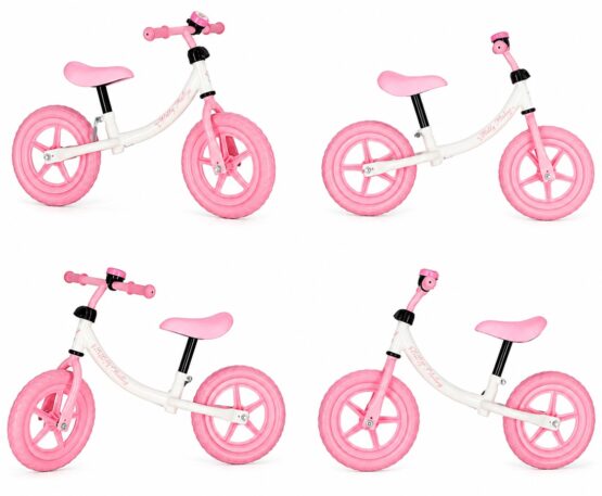 Bicicleta de echilibru fara pedale cu claxon KESNUP, pentru copii 2-6 ani, cadru din otel usor, roti pneumatice si elastice care absorb socurile, scaun (32-42 cm) si ghidon (50-58 cm) reglabile, manere antialunecare, greutate maxima 30 kg, Roz