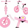 Bicicleta de echilibru fara pedale cu claxon KESNUP, pentru copii 2-6 ani, cadru din otel usor, roti pneumatice si elastice care absorb socurile, scaun (32-42 cm) si ghidon (50-58 cm) reglabile, manere antialunecare, greutate maxima 30 kg, Roz