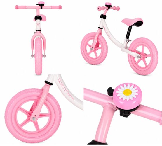 Bicicleta de echilibru fara pedale cu claxon KESNUP, pentru copii 2-6 ani, cadru din otel usor, roti pneumatice si elastice care absorb socurile, scaun (32-42 cm) si ghidon (50-58 cm) reglabile, manere antialunecare, greutate maxima 30 kg, Roz
